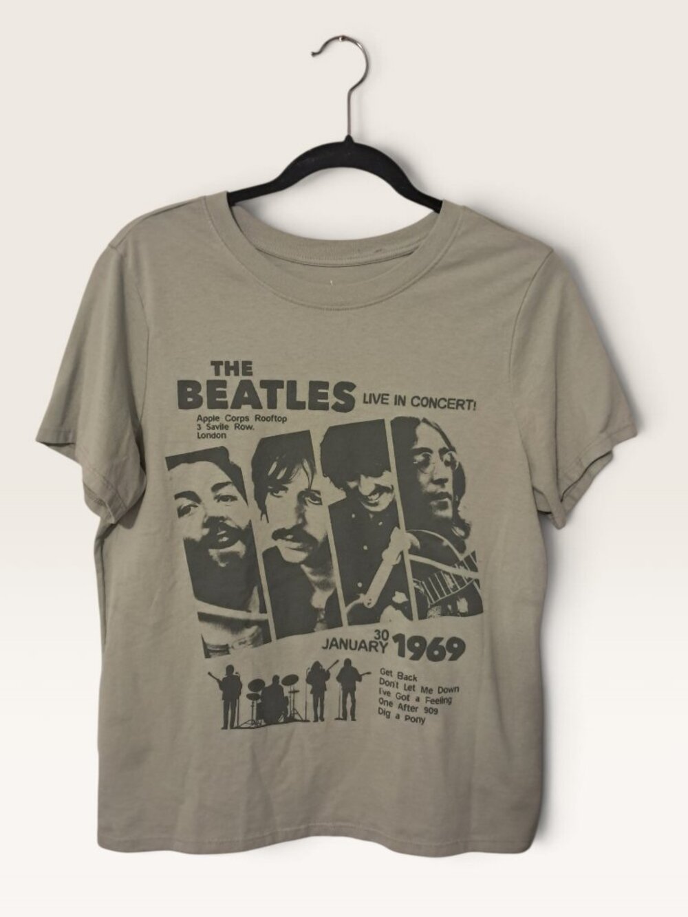 The Beatles 1969 Rooftop Concert Graphic T-Shirt Medium Sage Green Tee Flaw